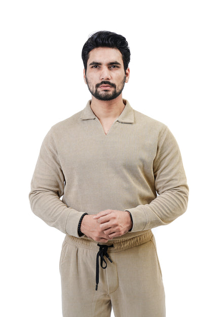 Men’s Long-Sleeve Knit Polo Shirt – Beige