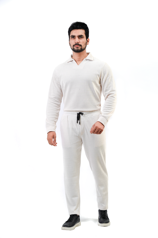 Men’s Long-Sleeve Knit Polo Shirt – White (Velour-Knit Blend)