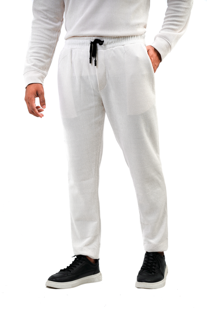Men’s V-Neck Full Sleeve Polo Tracksuit – White (Velour-Knit Blend)