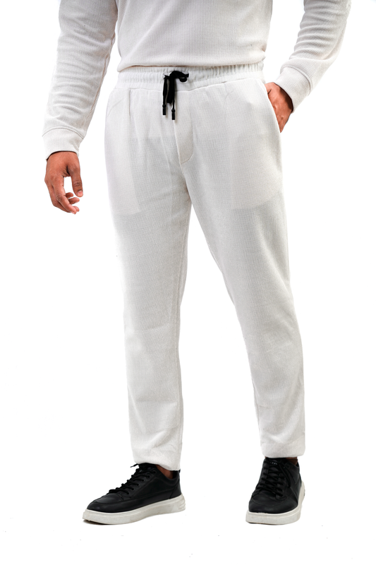 Men’s Knitted Lounge Trousers – White (Velour-Knit Blend)
