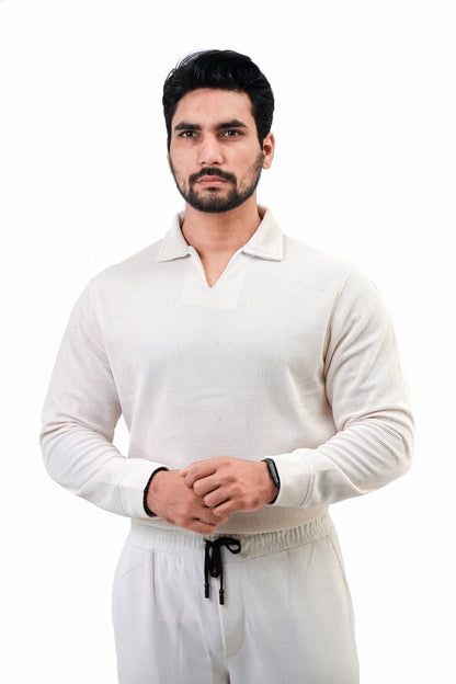 Men’s V-Neck Full Sleeve Polo Tracksuit – White (Velour-Knit Blend)