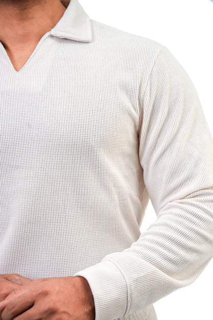 Men’s V-Neck Full Sleeve Polo Tracksuit – White (Velour-Knit Blend)