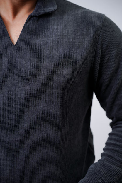 Men’s Long-Sleeve Knit Polo Shirt – Charcoal