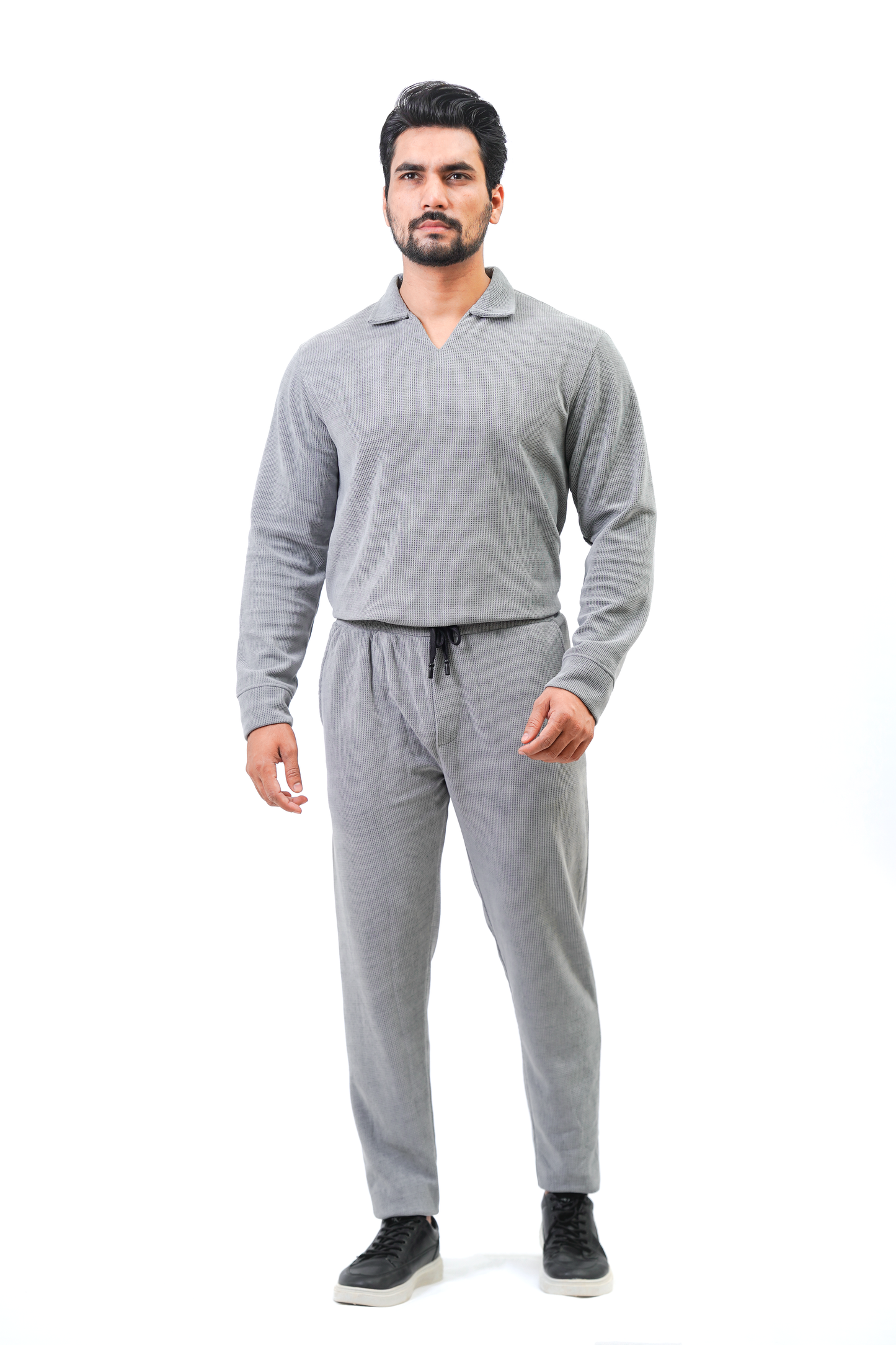Men’s V-Neck Full Sleeve Polo Tracksuit – Light Grey