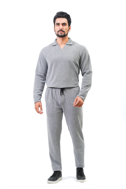 Men’s V-Neck Full Sleeve Polo Tracksuit – Light Grey