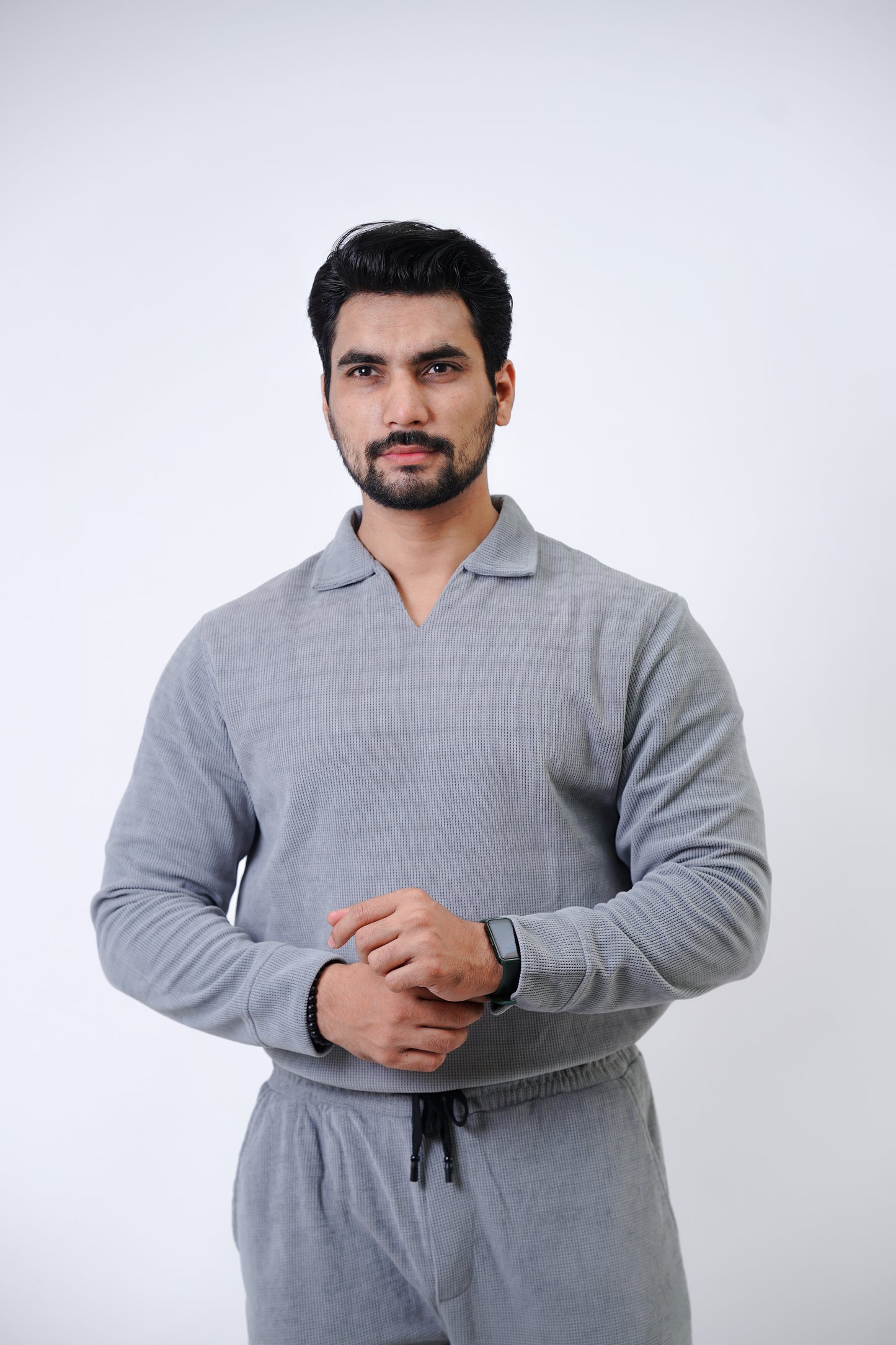 Men’s V-Neck Full Sleeve Polo Tracksuit – Light Grey