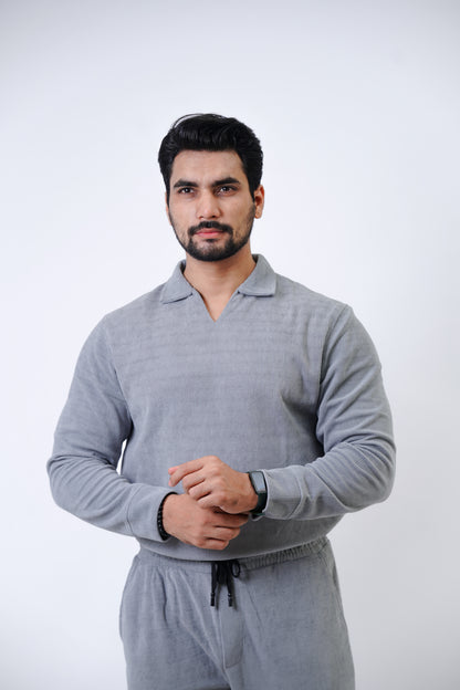 Men’s V-Neck Full Sleeve Polo Tracksuit – Light Grey
