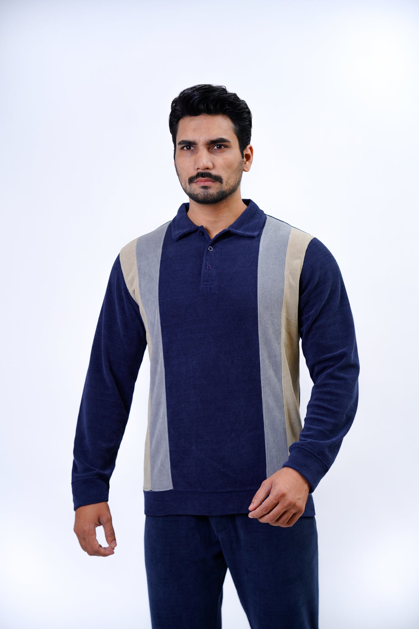 Men's Long-Sleeve Block Stripe Knitted Polo