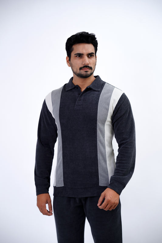Men's Long-Sleeve Block Stripe Knitted Polo – Charcoal