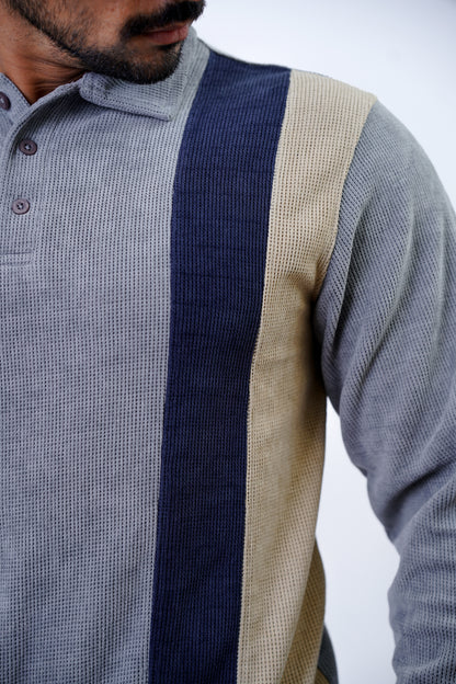 Men's Striped Knitted Long-Sleeve Polo – Light Grey