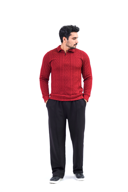 Men’s Textured Knit Polo Sweater – Red