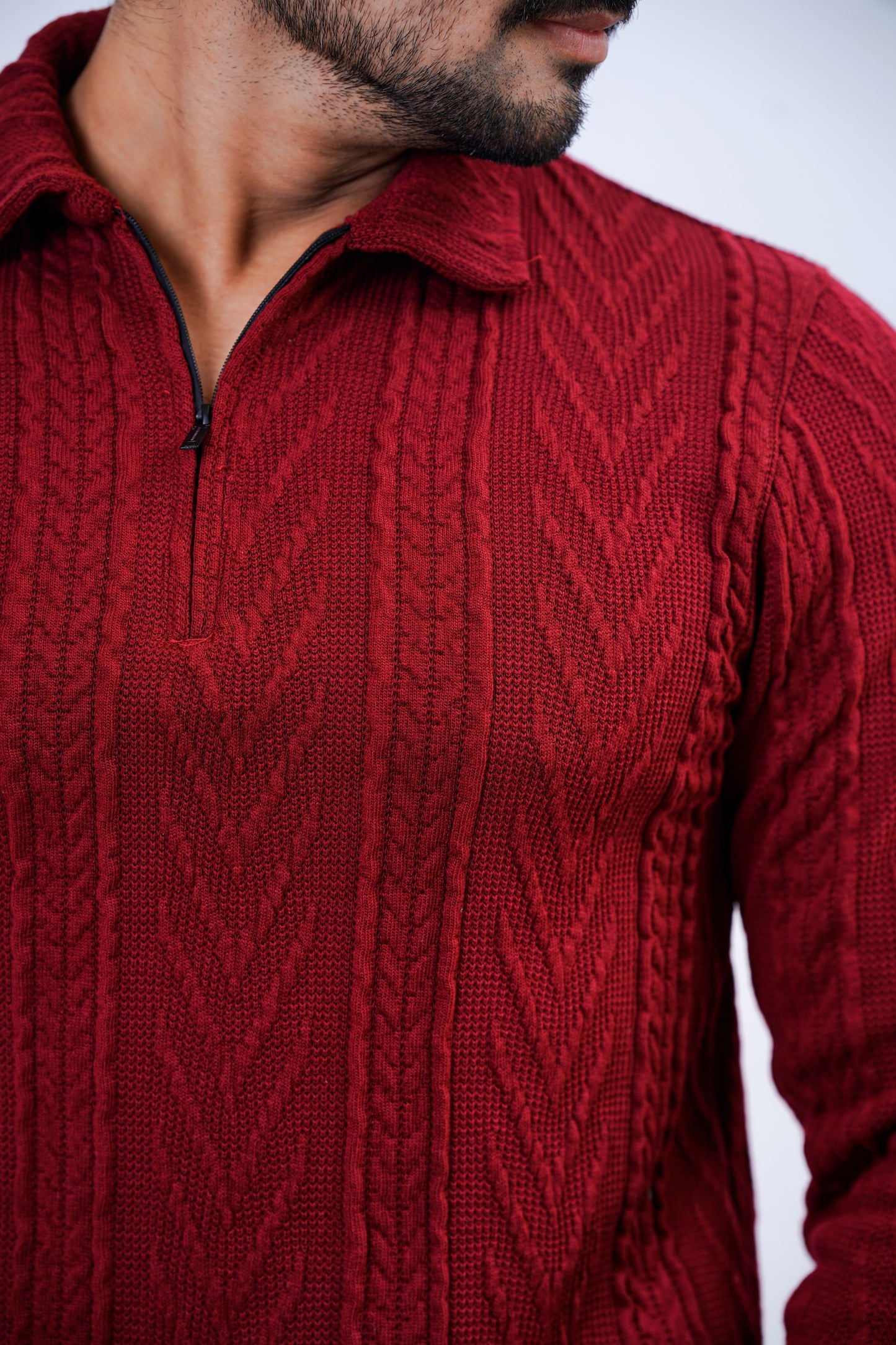 Men’s Textured Knit Polo Sweater – Red