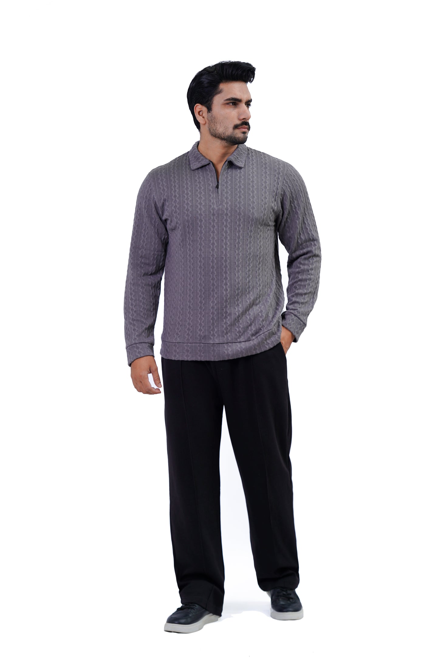 Men’s Textured Knit Polo Sweater – Grey