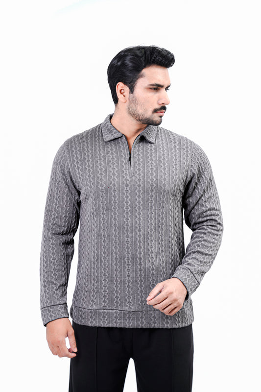 Men’s Textured Knit Polo Sweater – Grey