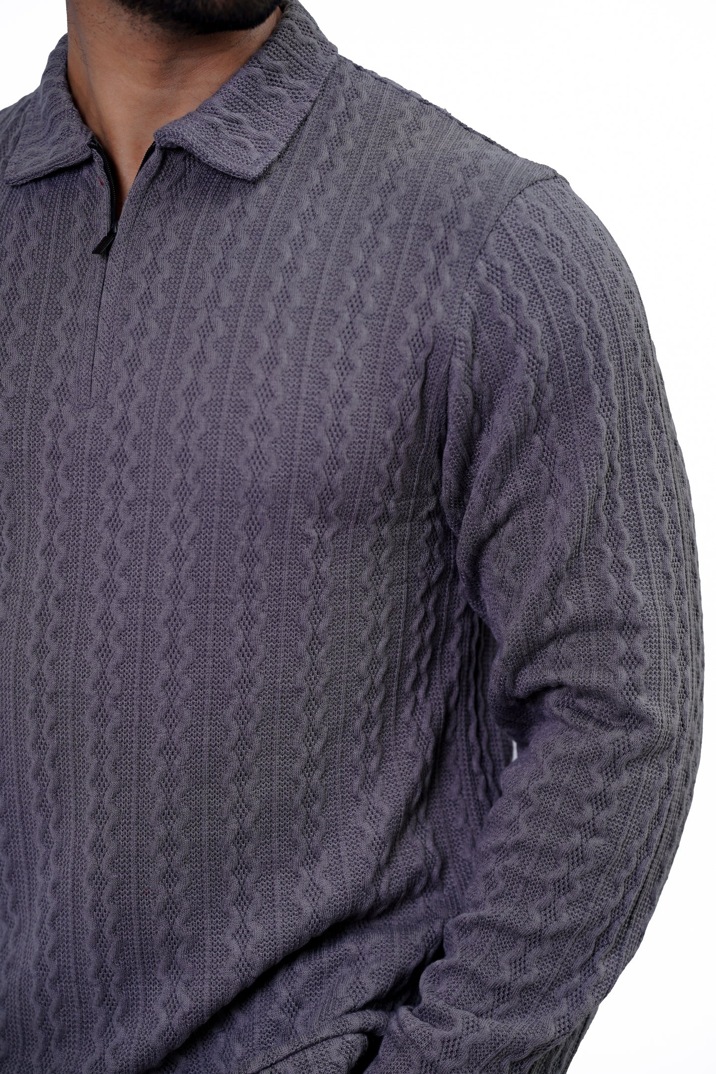 Men’s Textured Knit Polo Sweater – Grey
