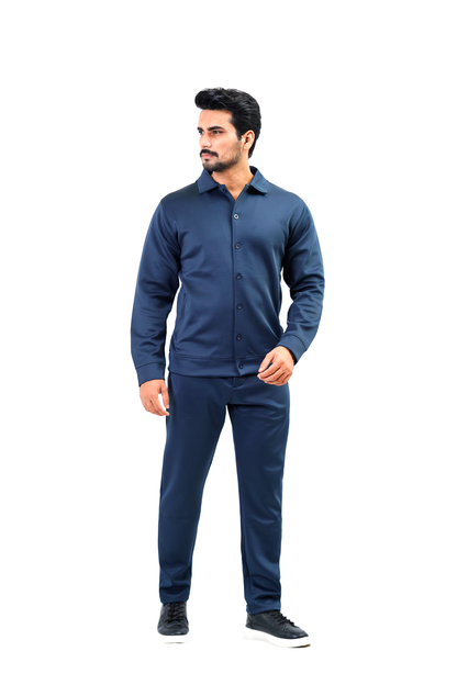 Men’s Button-Up Shirt Jacket – Blue (Polyester Blend)
