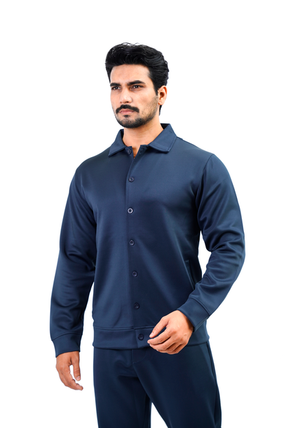 Men’s Button-Up Shirt Jacket – Blue (Polyester Blend)