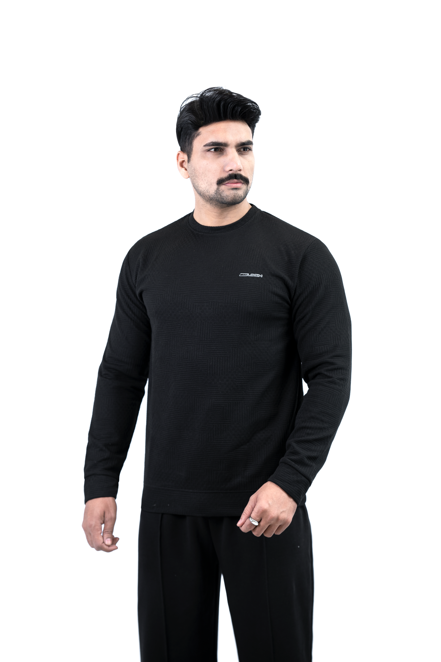 Men’s Textured Waffle Knit Crewneck – Black