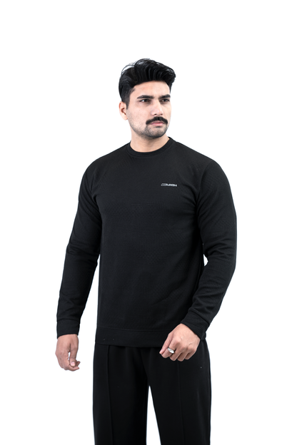 Men’s Textured Waffle Knit Crewneck – Black