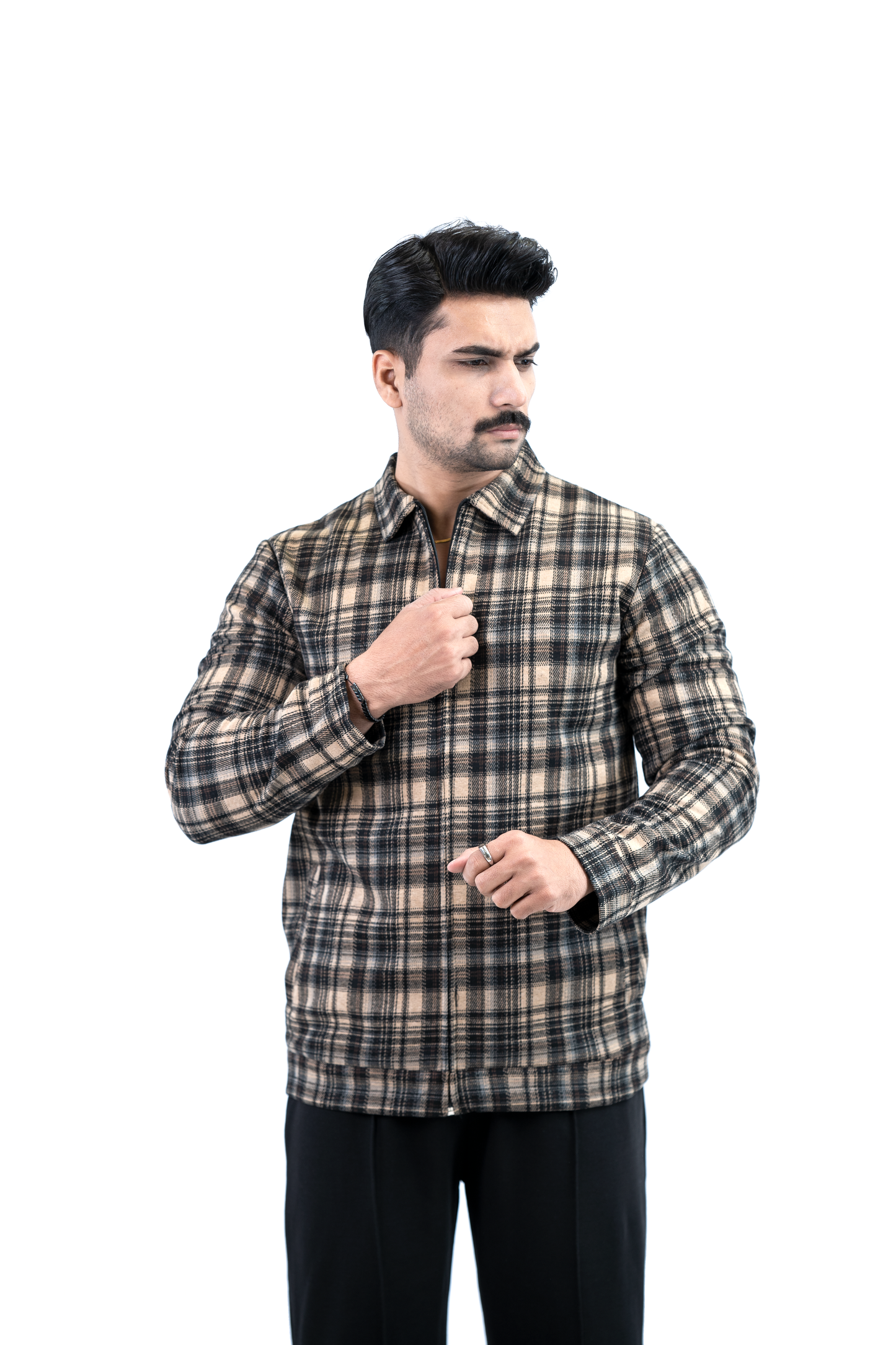 Men’s Checkered Zip Jacket – Beige Plaid