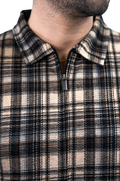 Men’s Checkered Zip Jacket – Beige Plaid