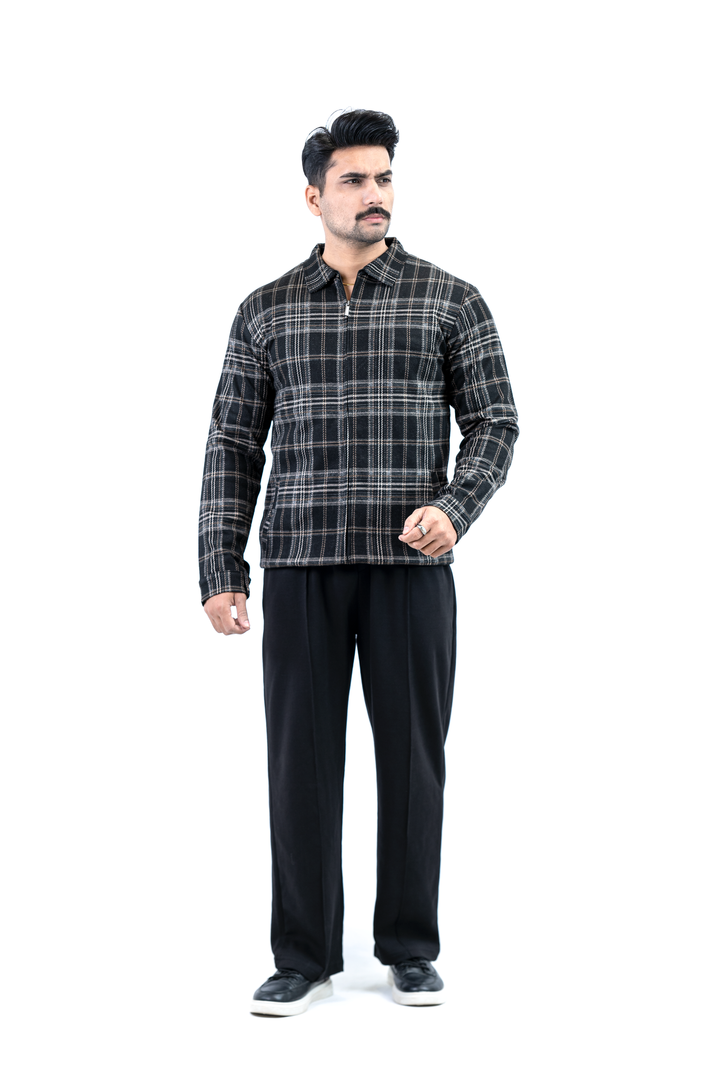 Men’s Checkered Zip Jacket – Beige Plaid