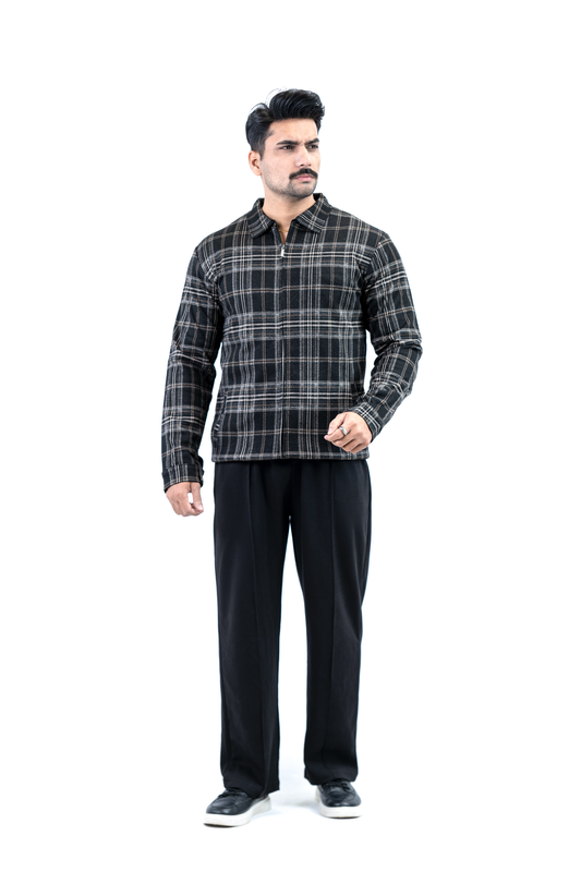 Men’s Checkered Zip Jacket – Beige Plaid