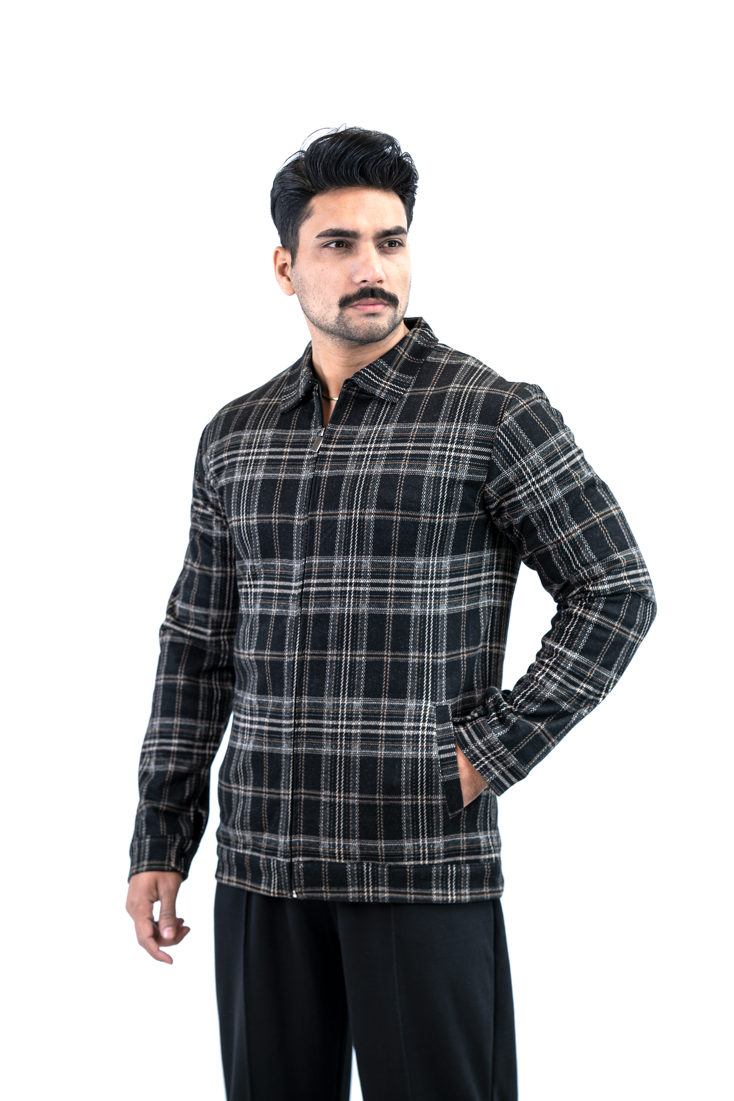 Men’s Checkered Zip Jacket – Beige Plaid