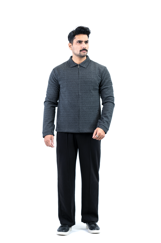 Men’s Checkered Zip Jacket – Charcoal Grey