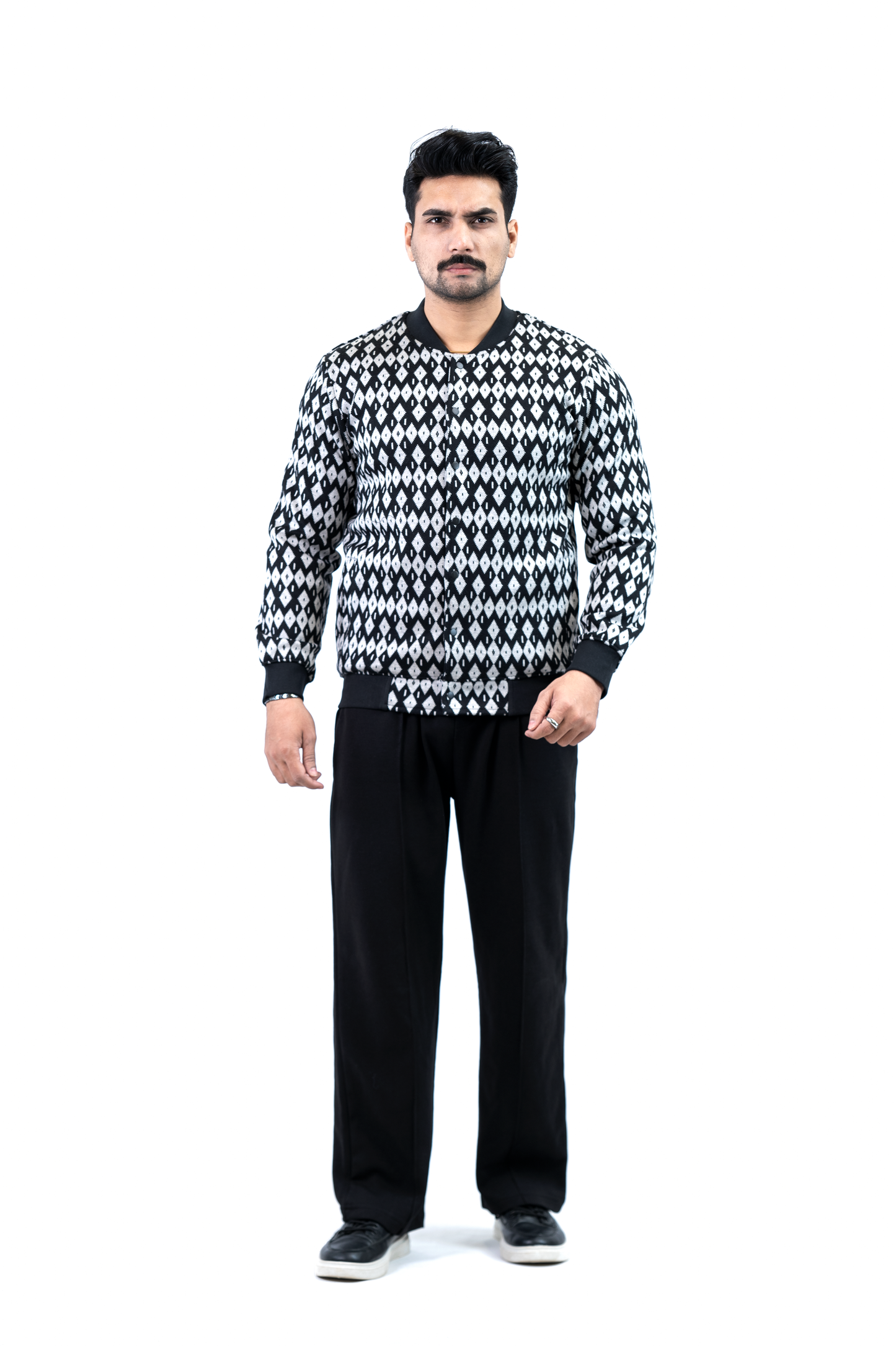Men's Black & White Stripe Collarless Jacket – Cotton-Polyester Fleece