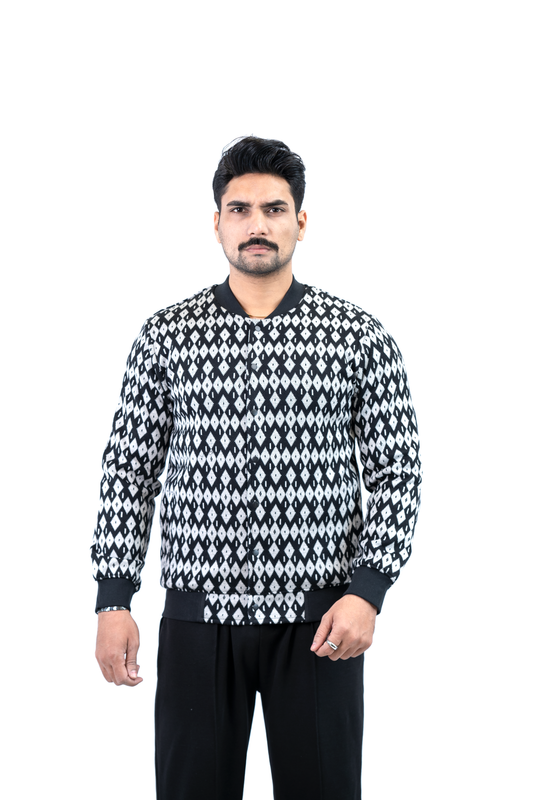 Men's Black & White Stripe Collarless Jacket – Cotton-Polyester Fleece