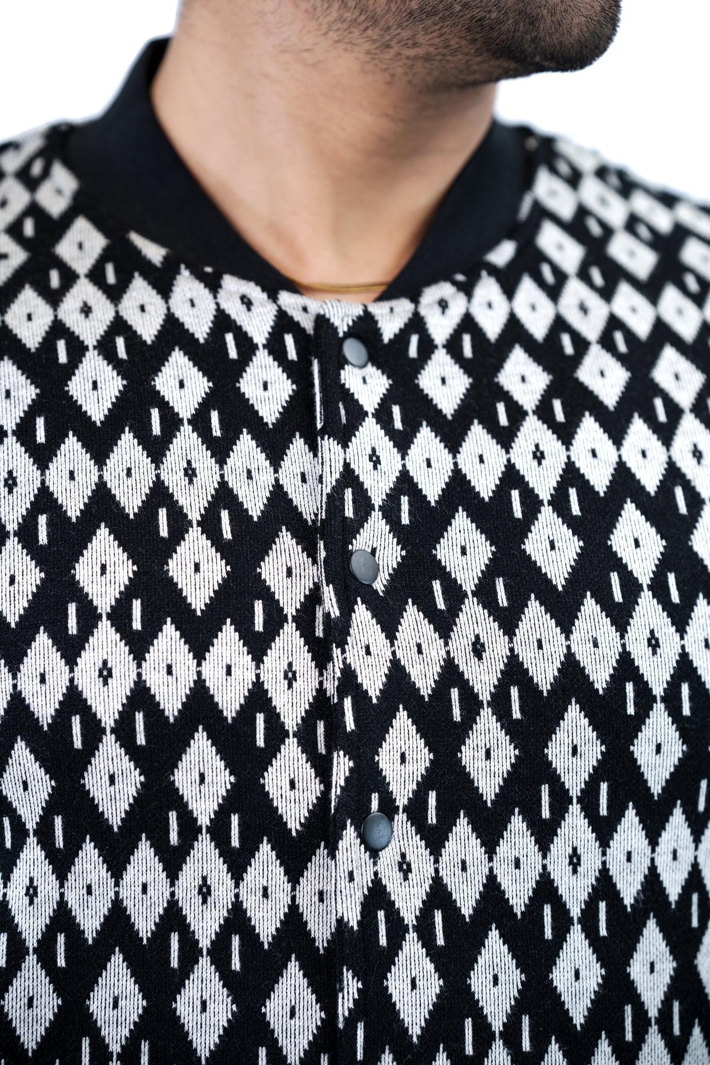 Men's Black & White Stripe Collarless Jacket – Cotton-Polyester Fleece
