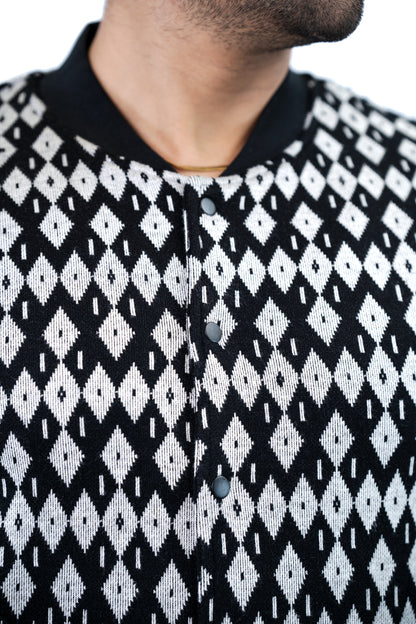 Men's Black & White Stripe Collarless Jacket – Cotton-Polyester Fleece
