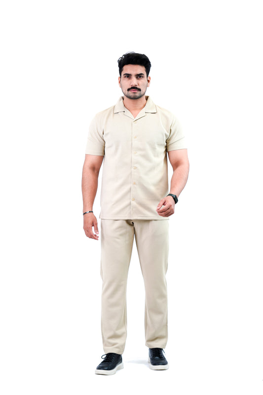 Men's Cuban Collar Tracksuit – Beige | Cotton-Polyester / Knit Blend