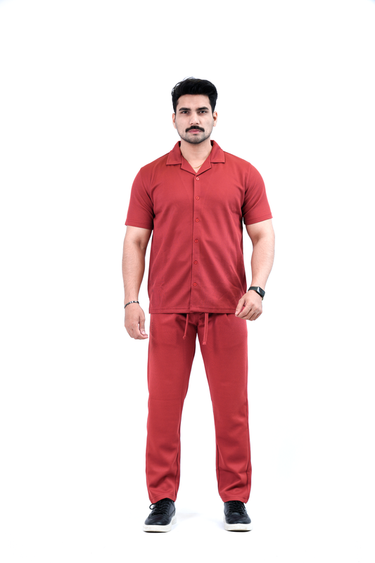 Men's Cuban Collar Tracksuit – Red | Cotton-Polyester / Knit Blend