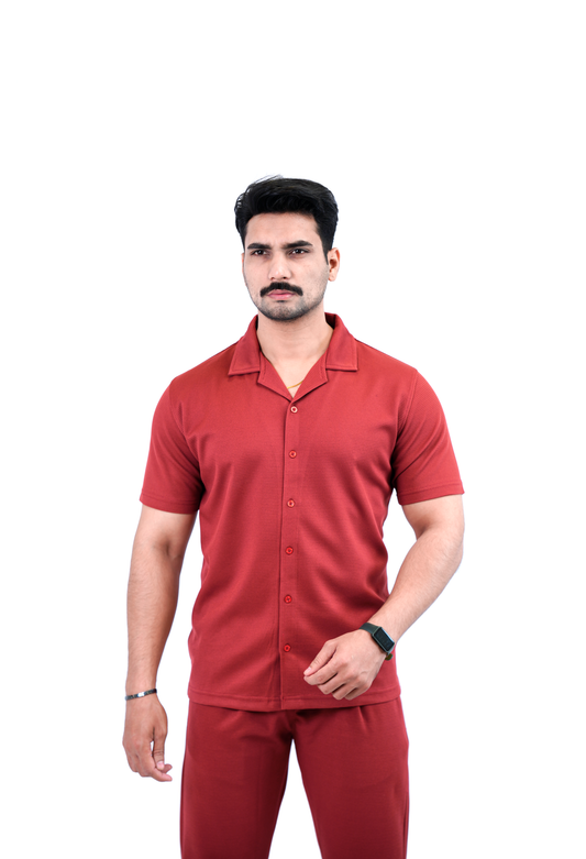 Men's Cuban Collar Shirt – Red | Cotton-Polyester / Knit Blend