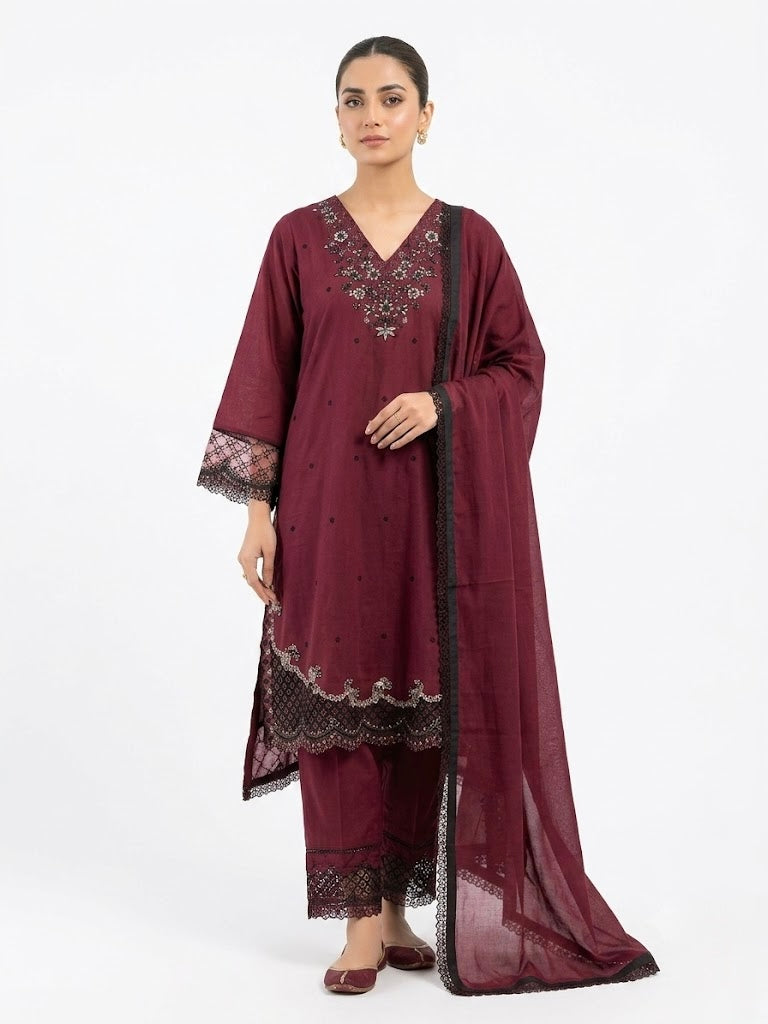 Luxury Maroon Embroidered 3-Piece Lawn Suit