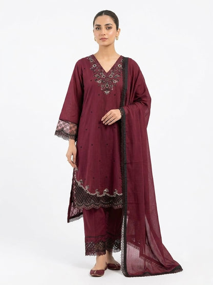 Luxury Maroon Embroidered 3-Piece Lawn Suit