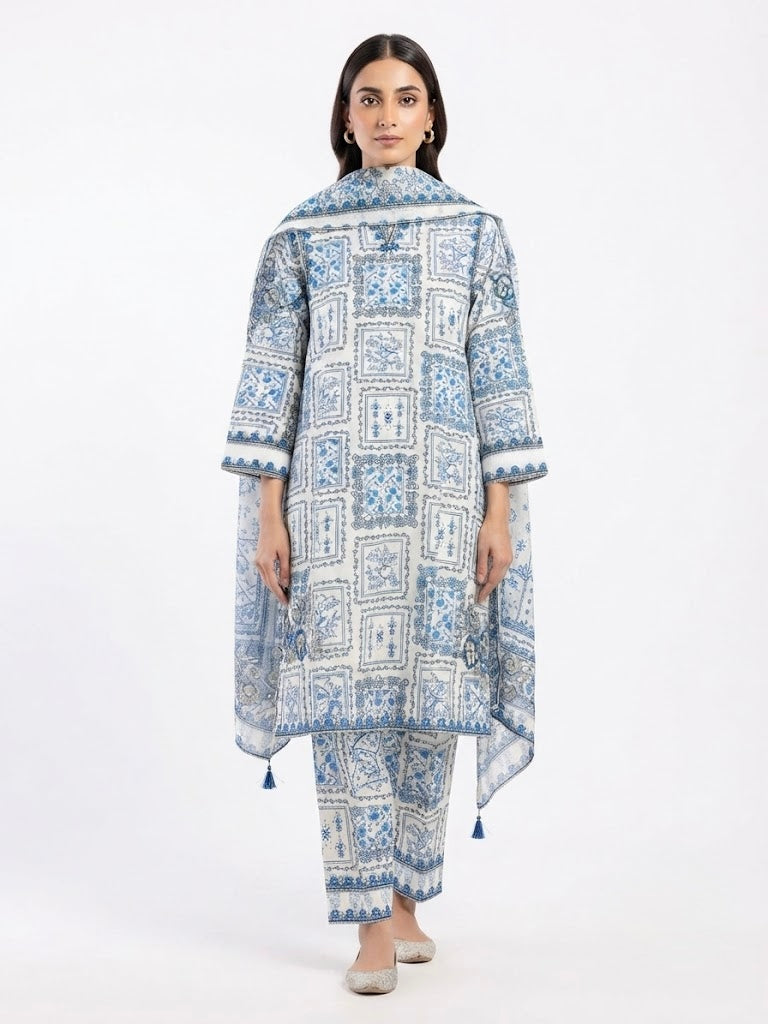 Elegant Blue & White Printed 3-Piece Lawn Suit