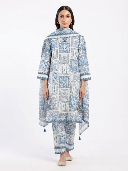 Elegant Blue & White Printed 3-Piece Lawn Suit