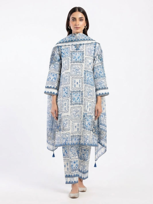 Elegant Blue & White Printed 3-Piece Lawn Suit