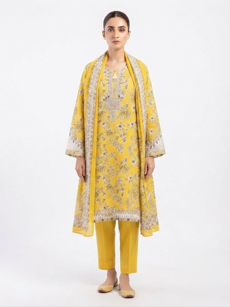 Sunshine Yellow Floral 3-Piece Lawn Suit