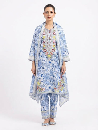 Elegant Sky Blue Floral 3-Piece Lawn Suit