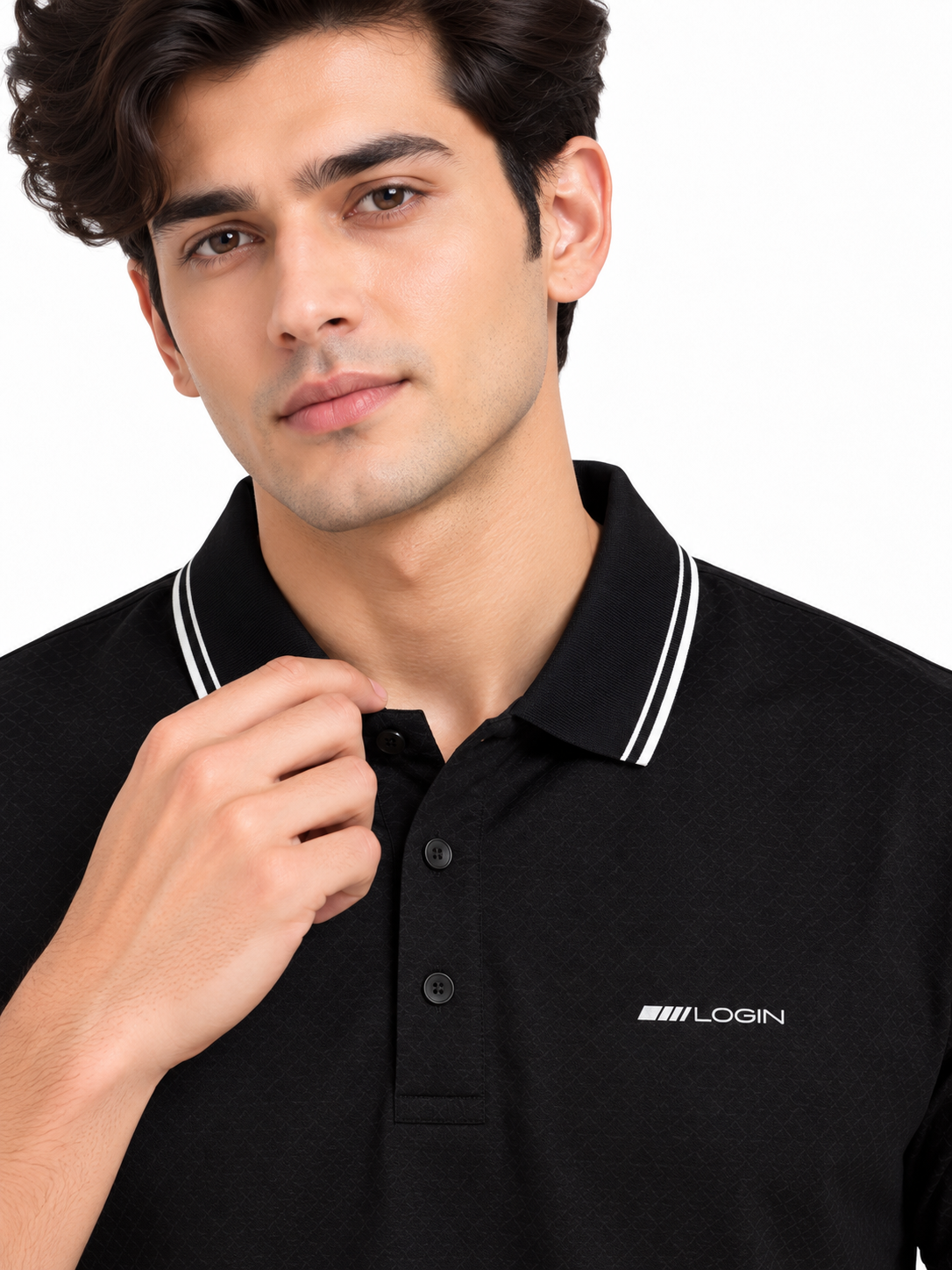 Black Textured Contrast Collar Polo