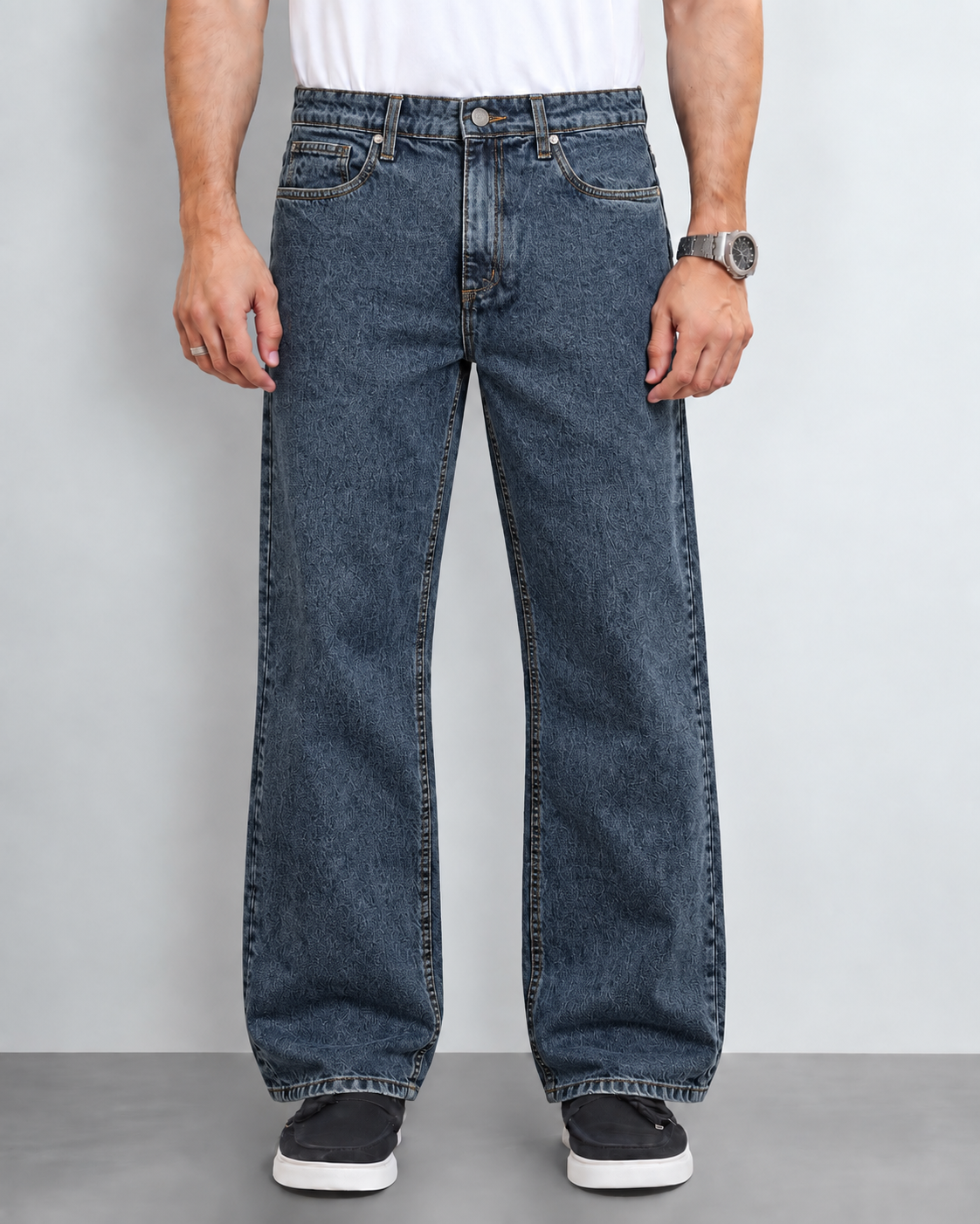 Men’s Blue Wide-Leg Textured Denim Jeans