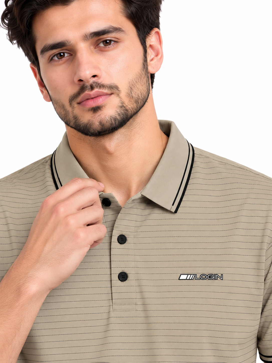 Beige Fine-Stripe Contrast Polo