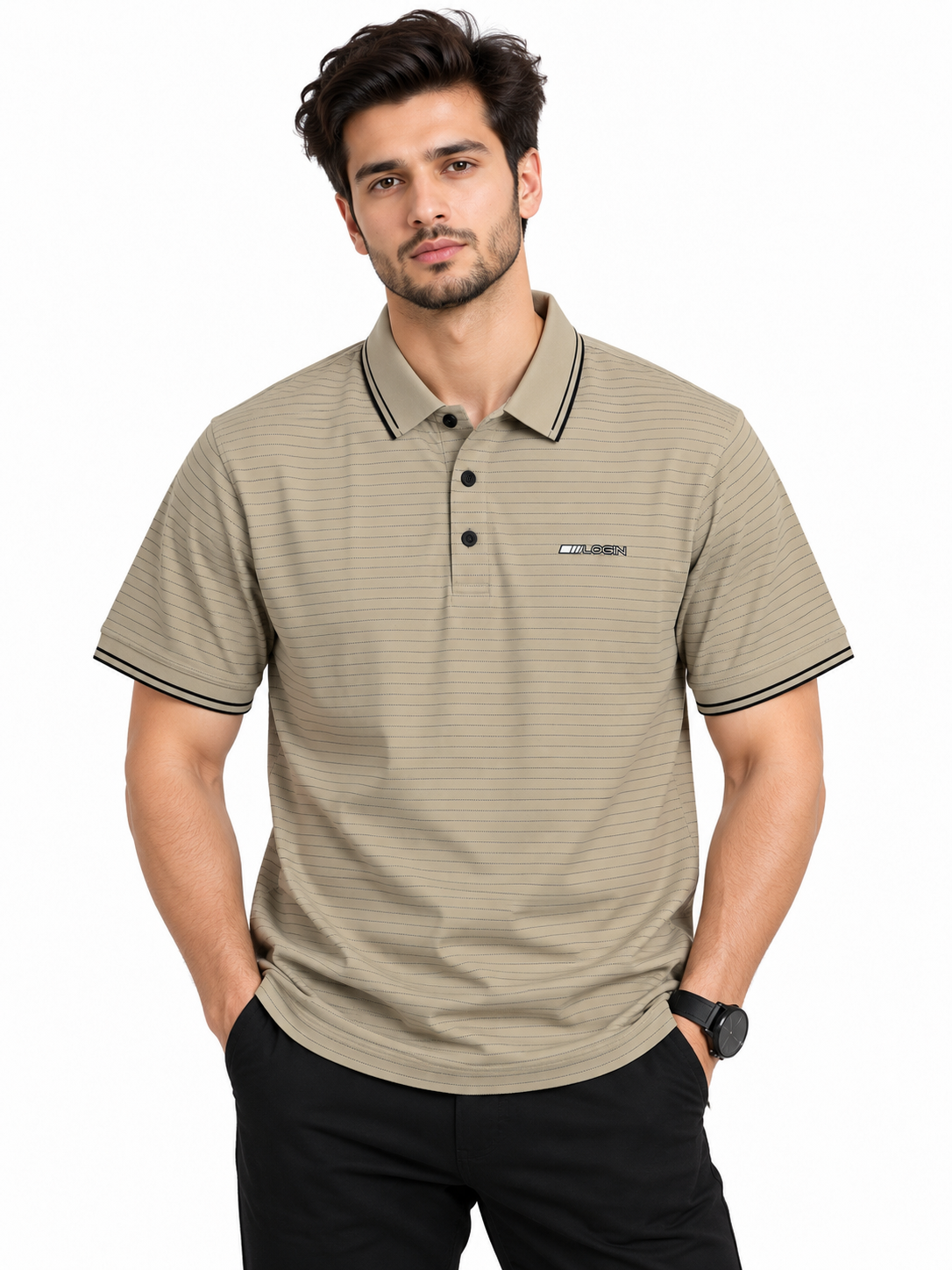 Beige Fine-Stripe Contrast Polo
