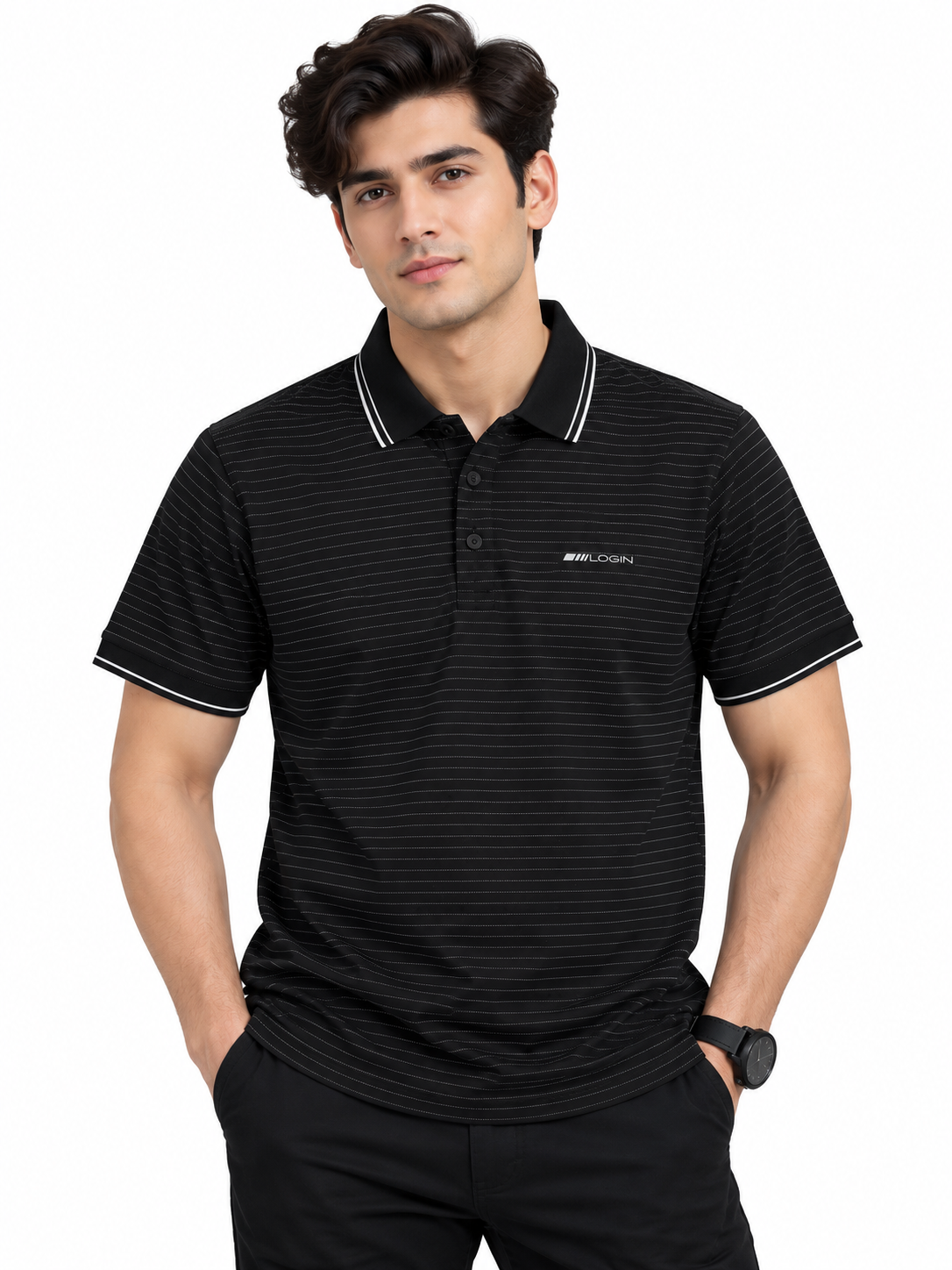 Black Textured Contrast Collar Polo