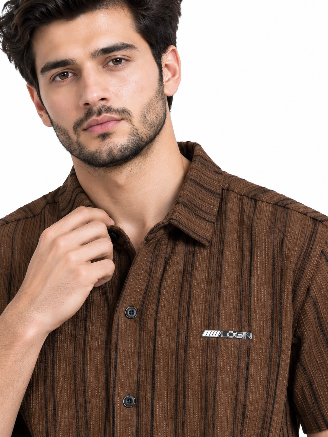 Men’s Dark Brown Textured Stripe Short Sleeve Shirt
