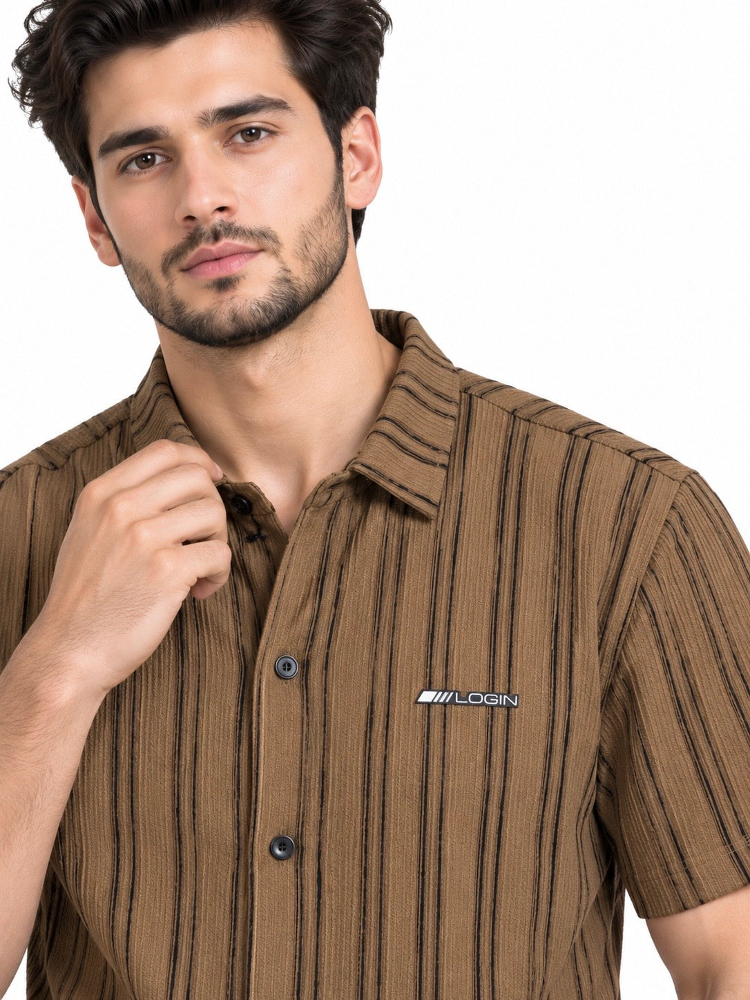 Men’s Brown Textured Stripe Short Sleeve Shirt